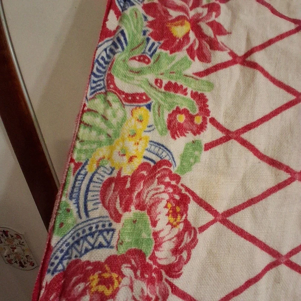 Vintage Cottagecore Floral Diamond Table Runner 13x30 Blue Red Yellow Granny EUC